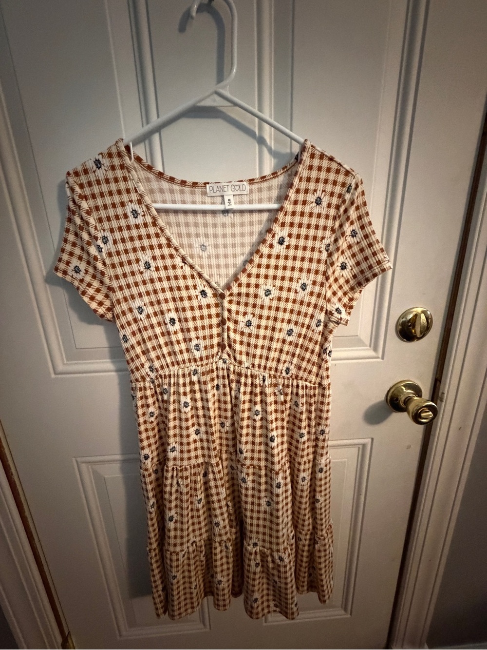 Planet Gold Brown Gingham Mini Dress with Tiny Floral Print